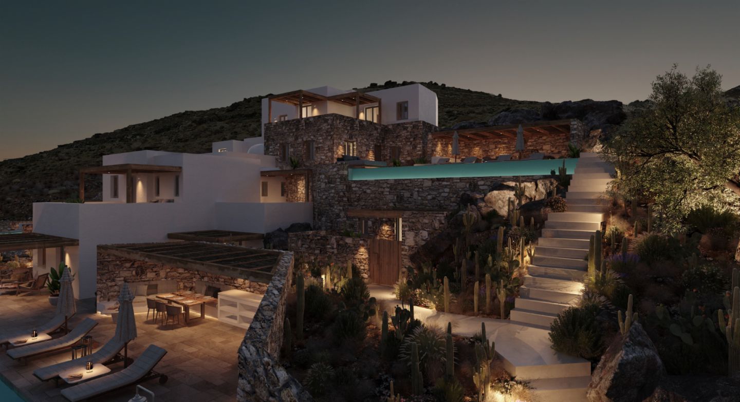 Foto de um complexo com várias vilas inacabadas em Mykonos que a EOS está reestruturando para atender aos padrões sustentáveis.