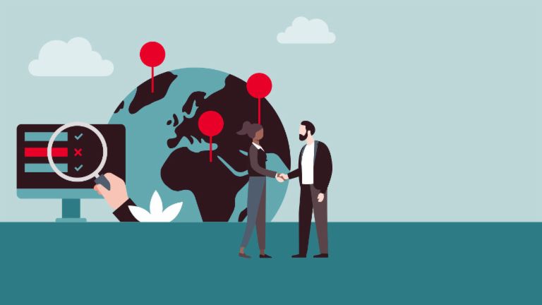An illustration shows a man and a woman in business attire shaking hands. In the background is a globe with several locations pinned on it – and a stylized income statement. 