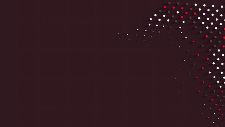 Динамична графика с червени, бели и черни точки, символизираща движение и иновация в управлението на вземанията в EOS