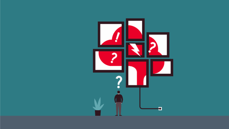 EOS Survey European Payment Practices: The drawing of a man surrounded by question marks and a thunderbolt illustrates that in the face of deteriorating payment practices, companies need to find new approaches to receivables management.