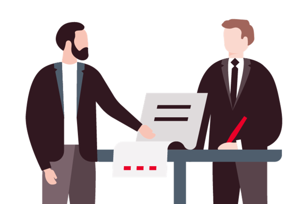 Illustration shows two men writing a signature on a contract in a business process.