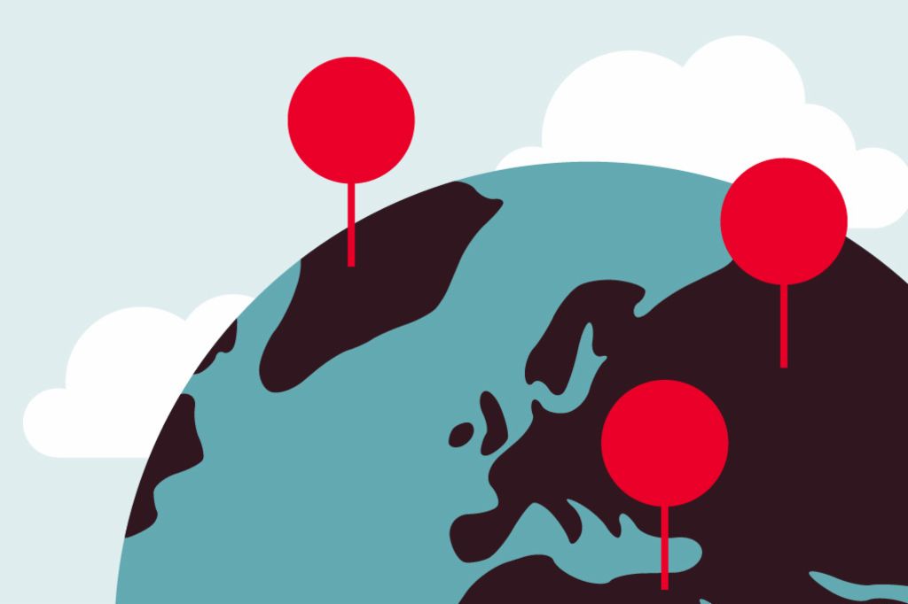 Illustation shows a globe on which points are marked with pins.