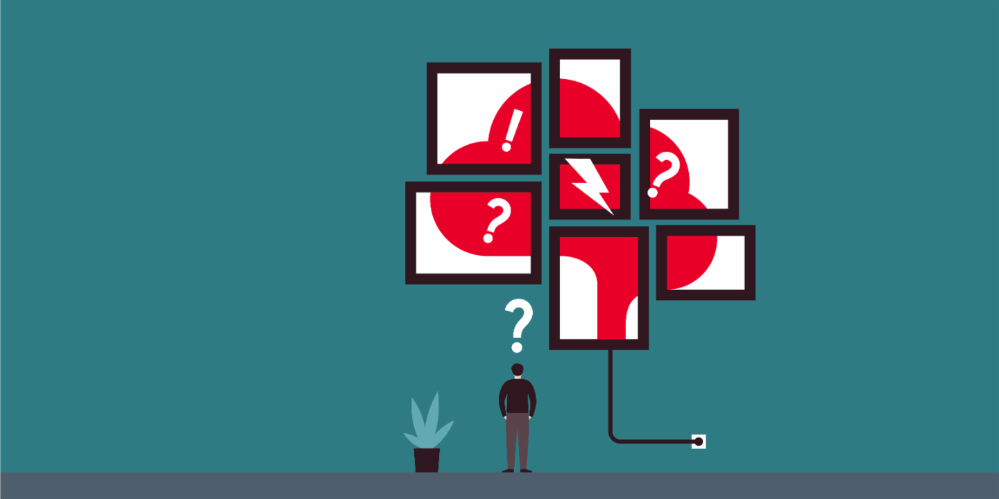 EOS Survey European Payment Practices: The drawing of a man surrounded by question marks and a thunderbolt illustrates that in the face of deteriorating payment practices, companies need to find new approaches to receivables management.