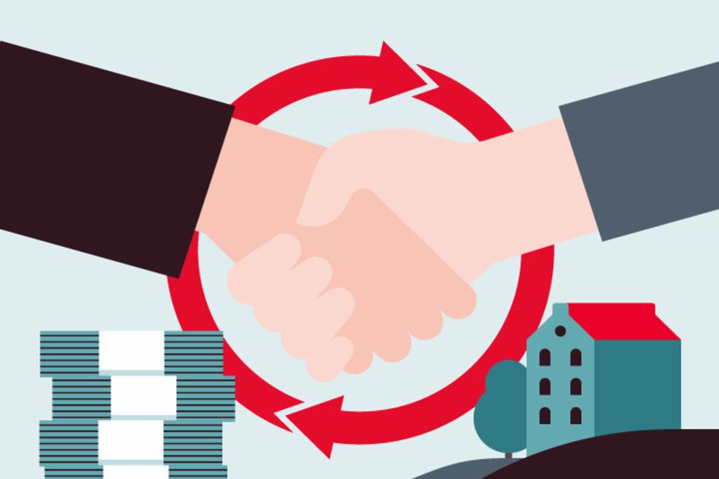 Ръкостискане между двама бизнес партньори с червени кръгли стрелки и недвижими имоти на заден план, символизиращо финансиране чрез обратно лизинг и сделки с недвижими имоти.