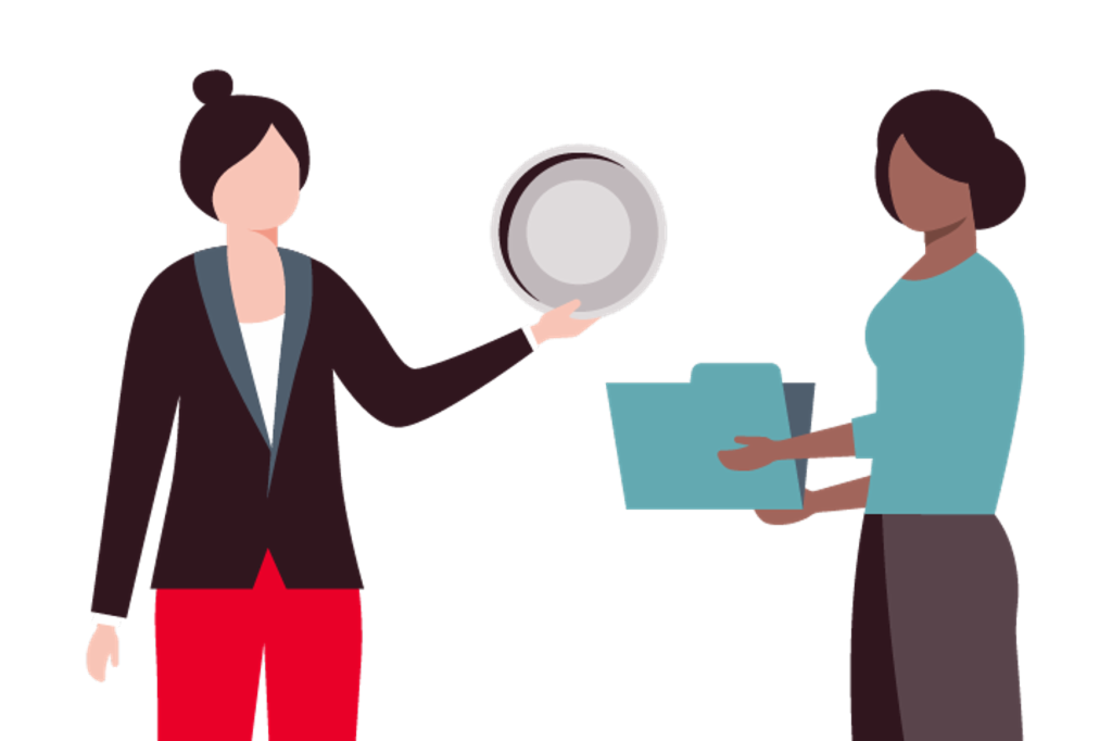 Illustation of a woman holding up a coin and a woman standing opposite with a folder.