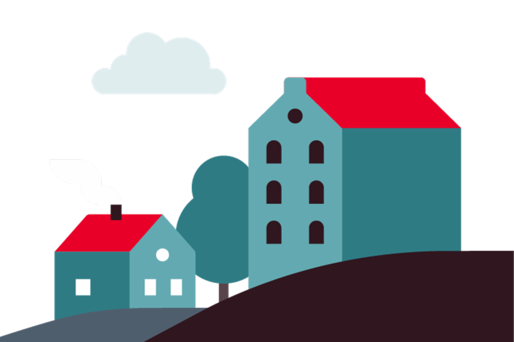 Illustation shows different houses standing in a landscape.